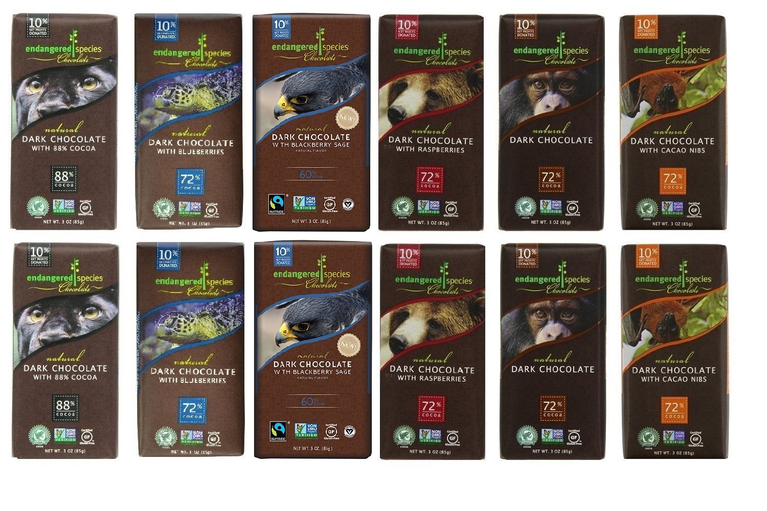 Endangered Species Chocolate Variety Pack (Pack of 12) ........(Dark with Blueberry, Dark Chocolate with Blackberry Sage, Grizzly Dark Raspberry, Chimpanzee Dark Chocolate, Panther Extreme Dark Chocolate, Bat Dark intense)