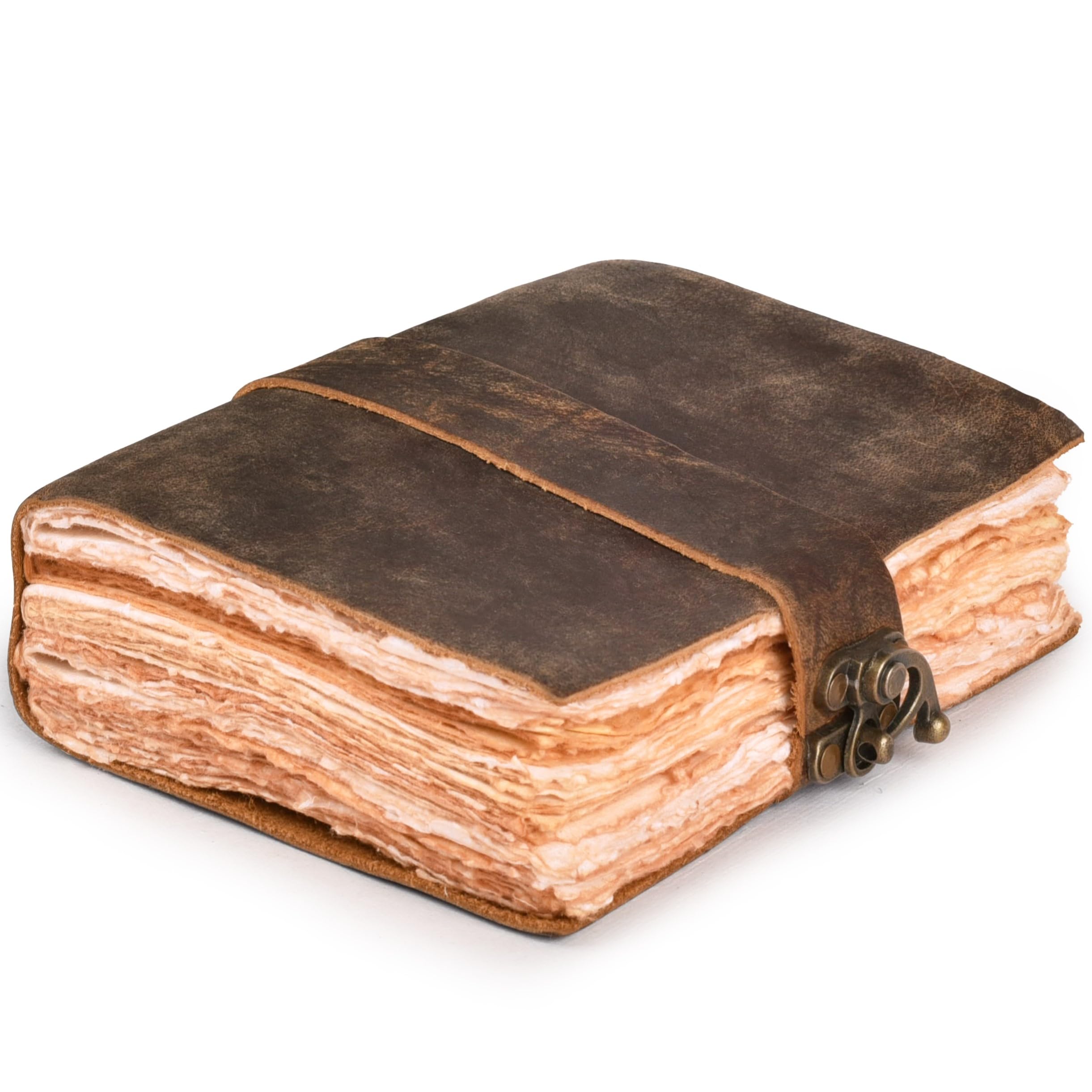 LEATHER VILLAGE Leather Bound Vintage Journal for Women & Men - Book of Shadows - Lock Closure - 200 Pages of Antique Deckle Edges Handmade Watercolor Paper - Rustic Brown - 10X7 inches