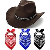 Haakong Western Brown Cowboy Hat for Women Men with 3 Pcs Bandanas Felt Wide Brim Brown Cowgirl Hats for Women Cowboys and Cowgirls Halloween Costume Accessories
