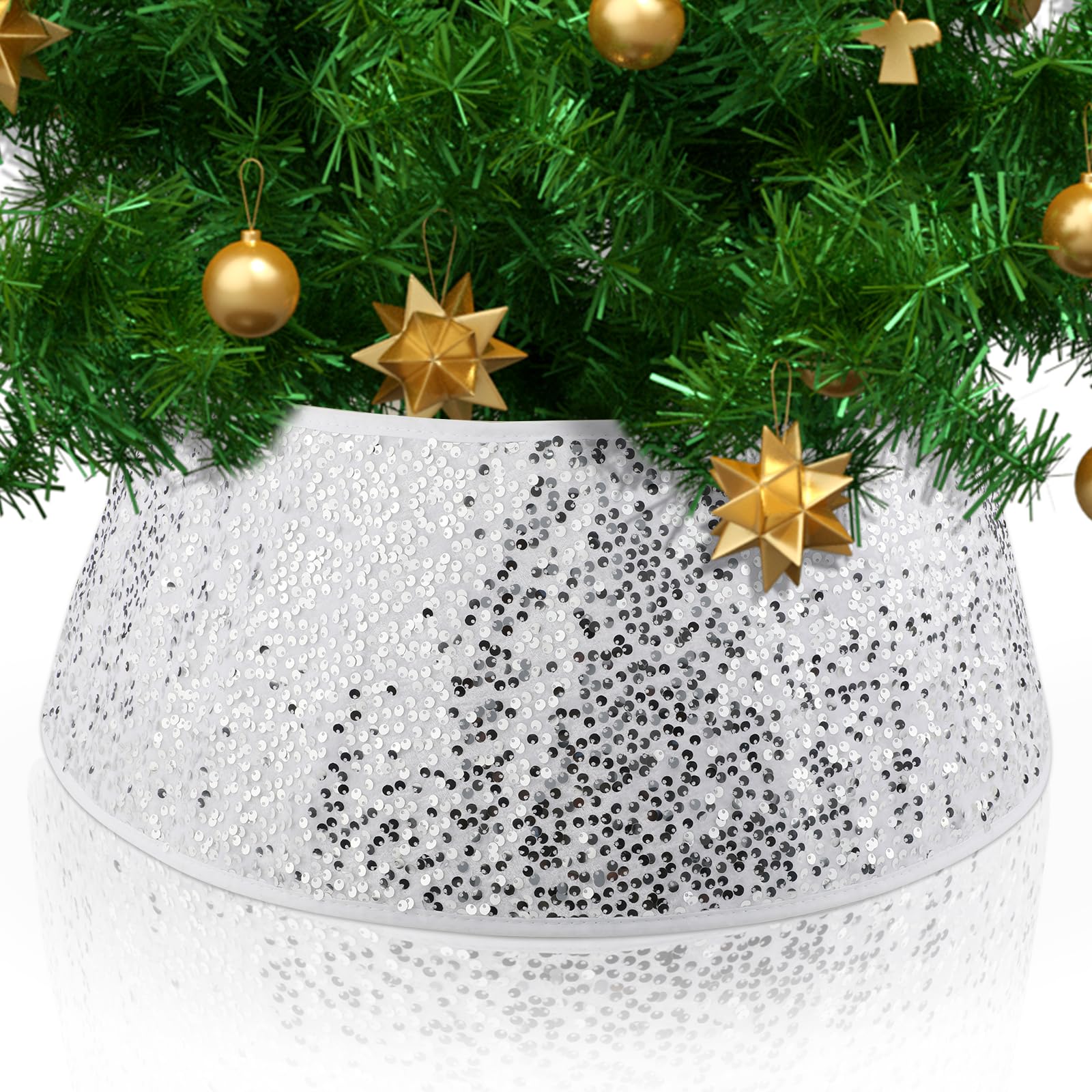 Sequin Tree Skirt & Collar - Christmas Tree Ring & Stand Base Cover in White
