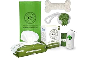 Doggy Do Good Dog Essentials Bundle - 60 Count Poop Bags with Dispenser, Pet Grooming Wipes, 2 Dog Toys - Must Have Supplies for New Puppy Owners