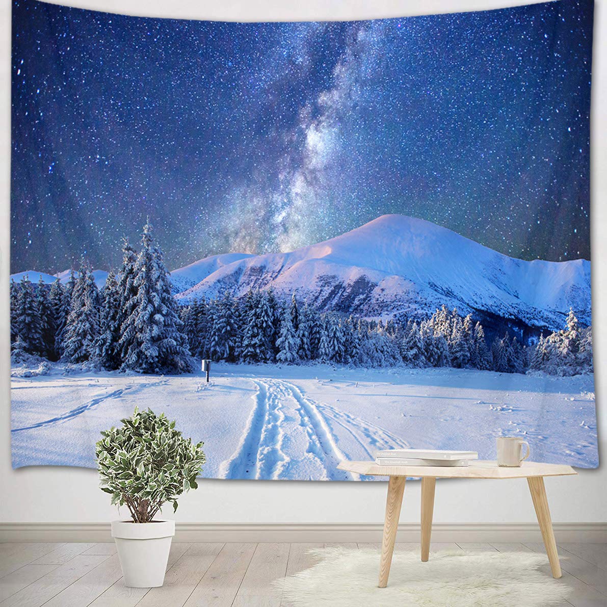 LB Snow Mountain Tapestry Pine Trees,Starry Sky,Nebula,Winter Wall Hanging Tapestry for Living Room Bedroom Dorm Wall Decor,Party Background,78x59 inches