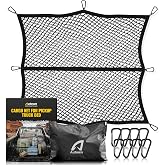 AUTOWN Cargo Net for Pickup Truck Bed with 8 Metal Carabiners &amp; Storage Bag | Stretchable from 4'x4' to 7'x7', High Elastic Fine Mesh 1''x1'', Ideal for ATV, SUV, UTV, Truck and Boat Use, Single Layer