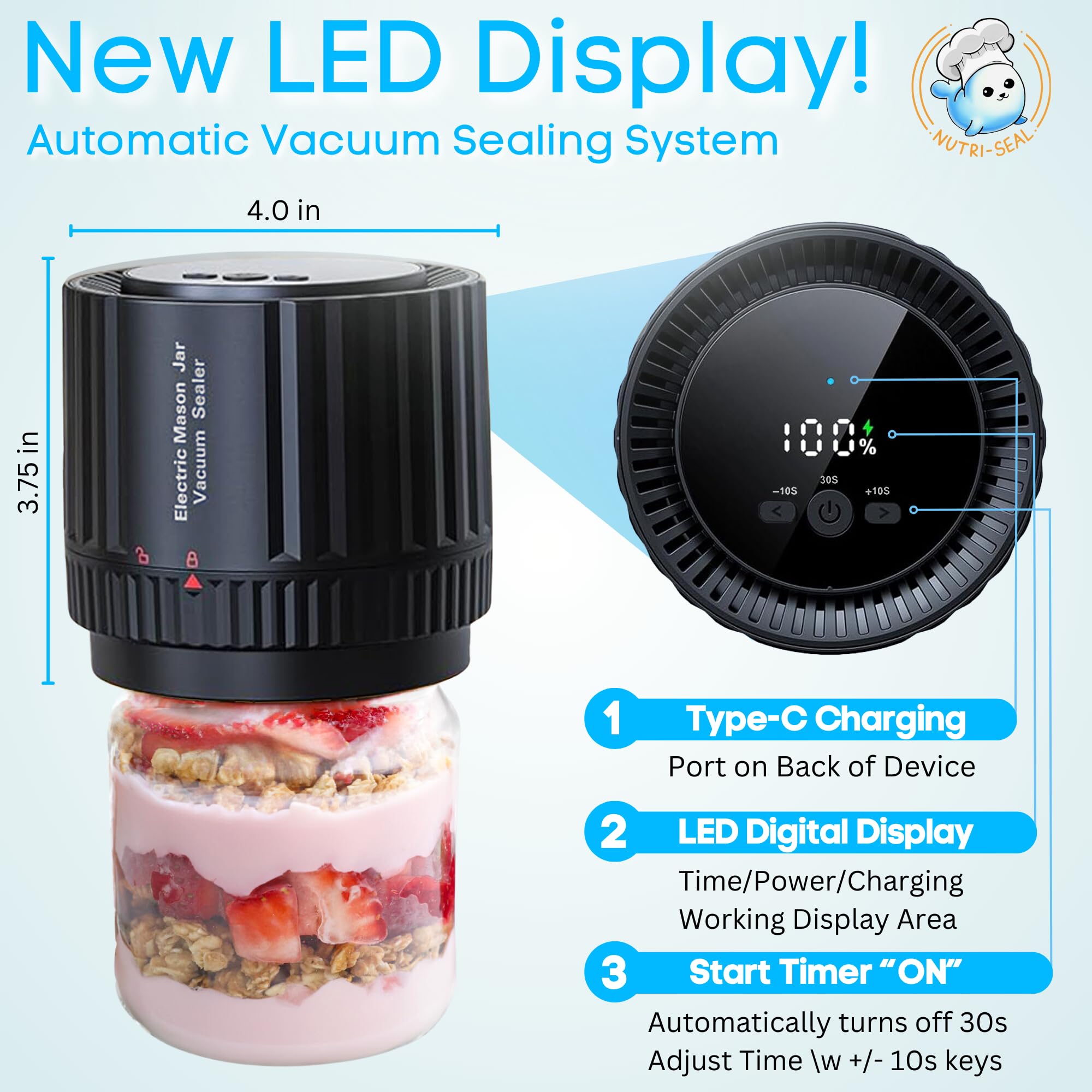 Nutri-Seal™ Electric Mason Jar Vacuum Sealer Kit - Fits Wide & Regular Mason Jars - Jar Vacuum Sealer For Mason Jars - Easy to Use - Automatic Electric Mason Jar Sealer - Vacuum Sealer For Jars w/Lids