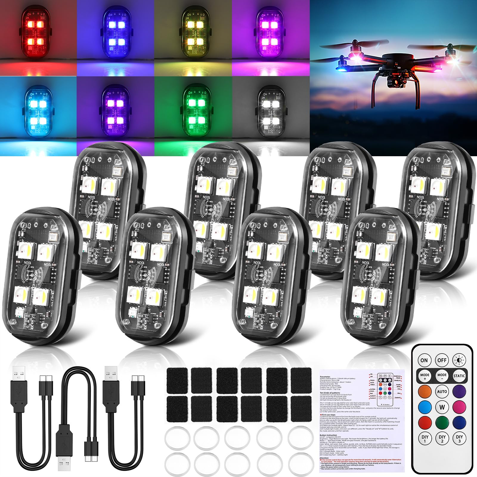 Photo 1 of 2025 Upgraded 4LEDs 8PCS Wireless LED Lights for Car, Halloween High Brightness Strobe Light with Remote Control, 2 in 1 Type-C Recharge 8 Colors IP65 Waterproof Anti-Collision Wireless Strobe Lights