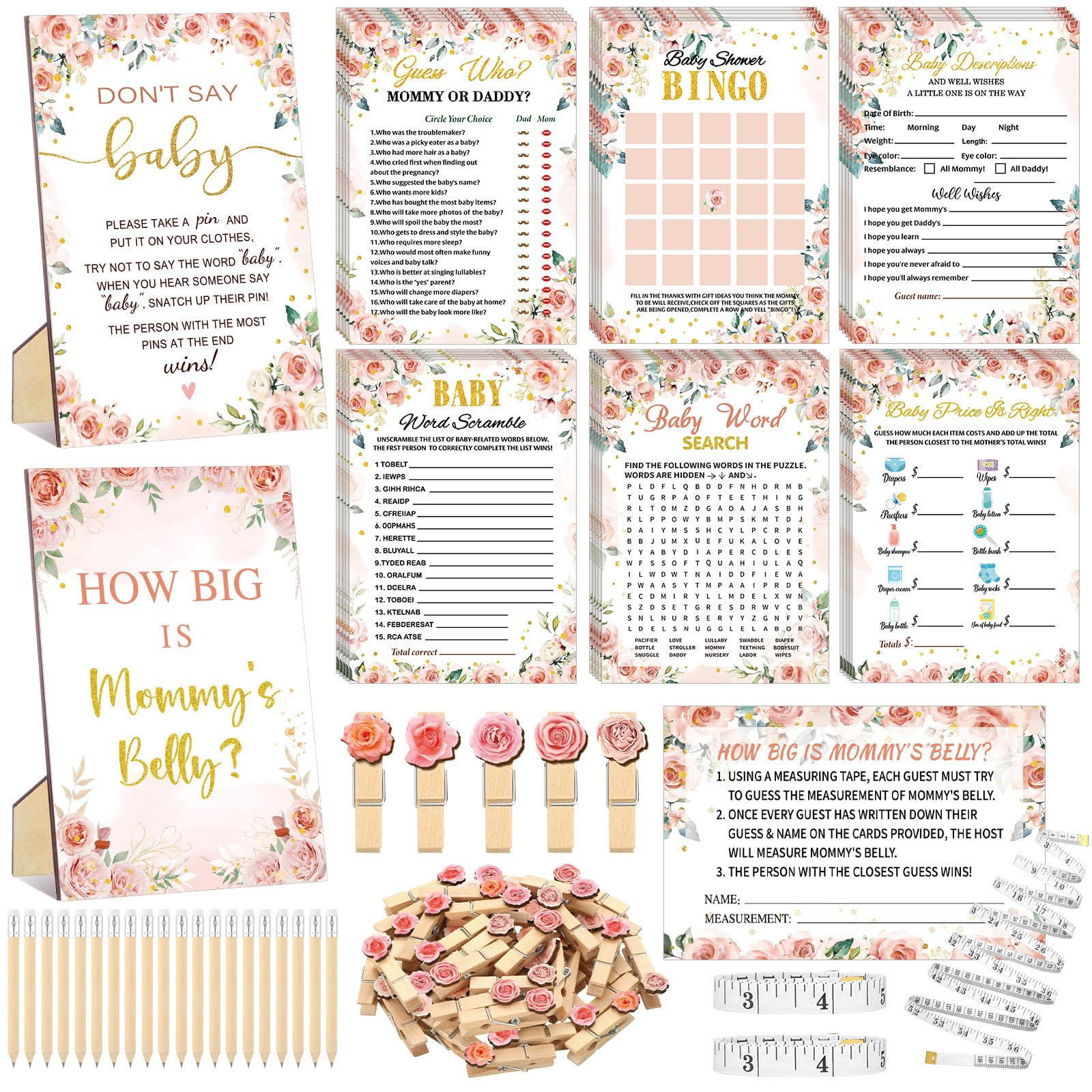 Photo 1 of Funnymoom 426 Pcs Floral Baby Shower Games Set-8 Games, Includes Baby Shower Bingo, Price is Right, Guess Who, Word Scramble, Prediction and Advice, How Big is Mommy's Belly, Don't Say the Words