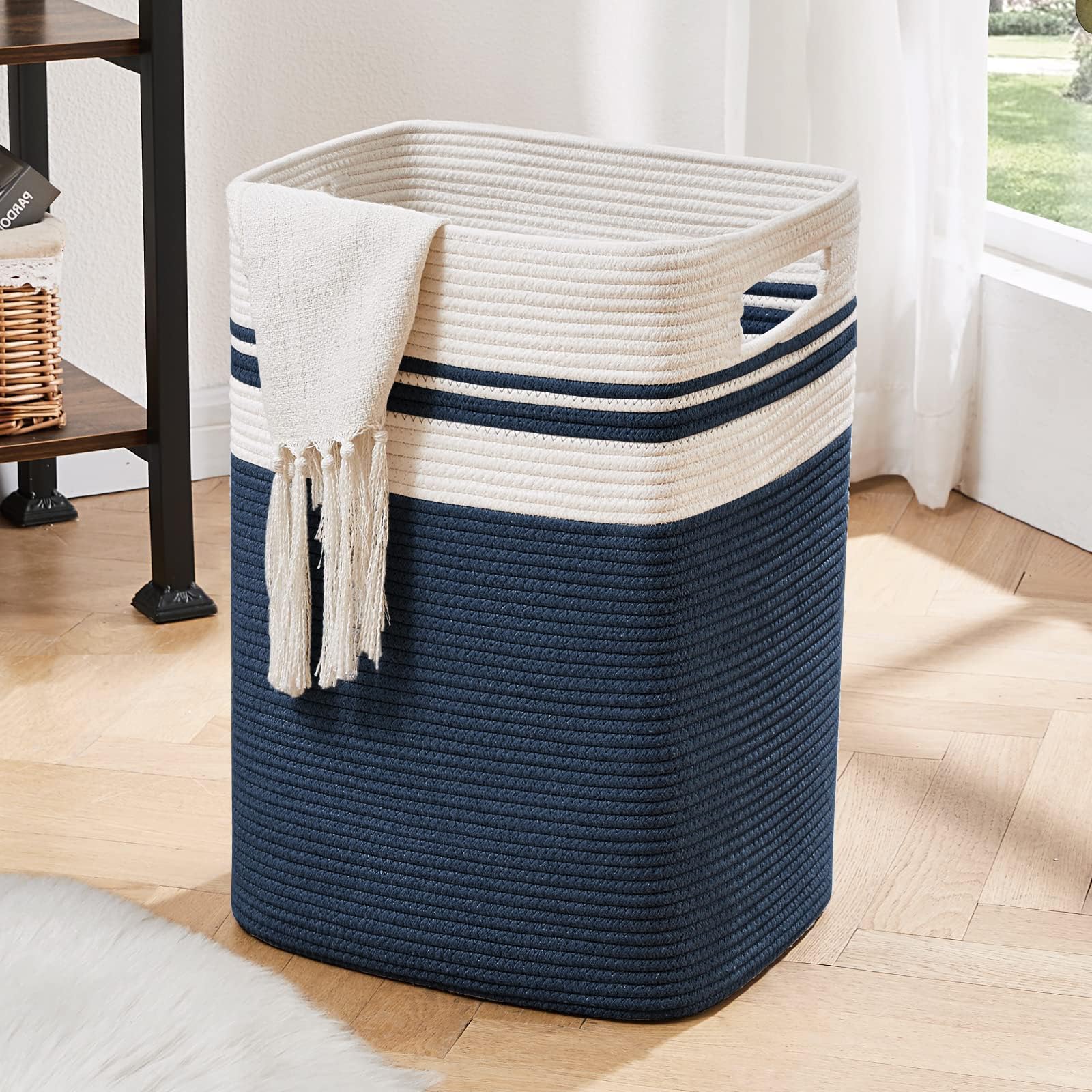 Photo 1 of OIAHOMY Laundry Hamper-Laundry Basket,Tall Cotton Storage Basket with Handles,Decorative Blanket Baskets for Living room,Collapsible Large Baskets for Toys,Pillows,Clothes-16x13x22in-Blue