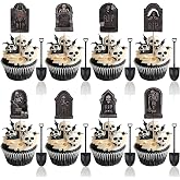 48 Pcs Halloween Cupcake Toppers - Tombstones Graveyard Cake Topper, Halloween Cake Decorations with Mini Shovel Spoons, 8 Designs Helloween Cupcake Picks for Kids Birthday Helloween Party Decorations