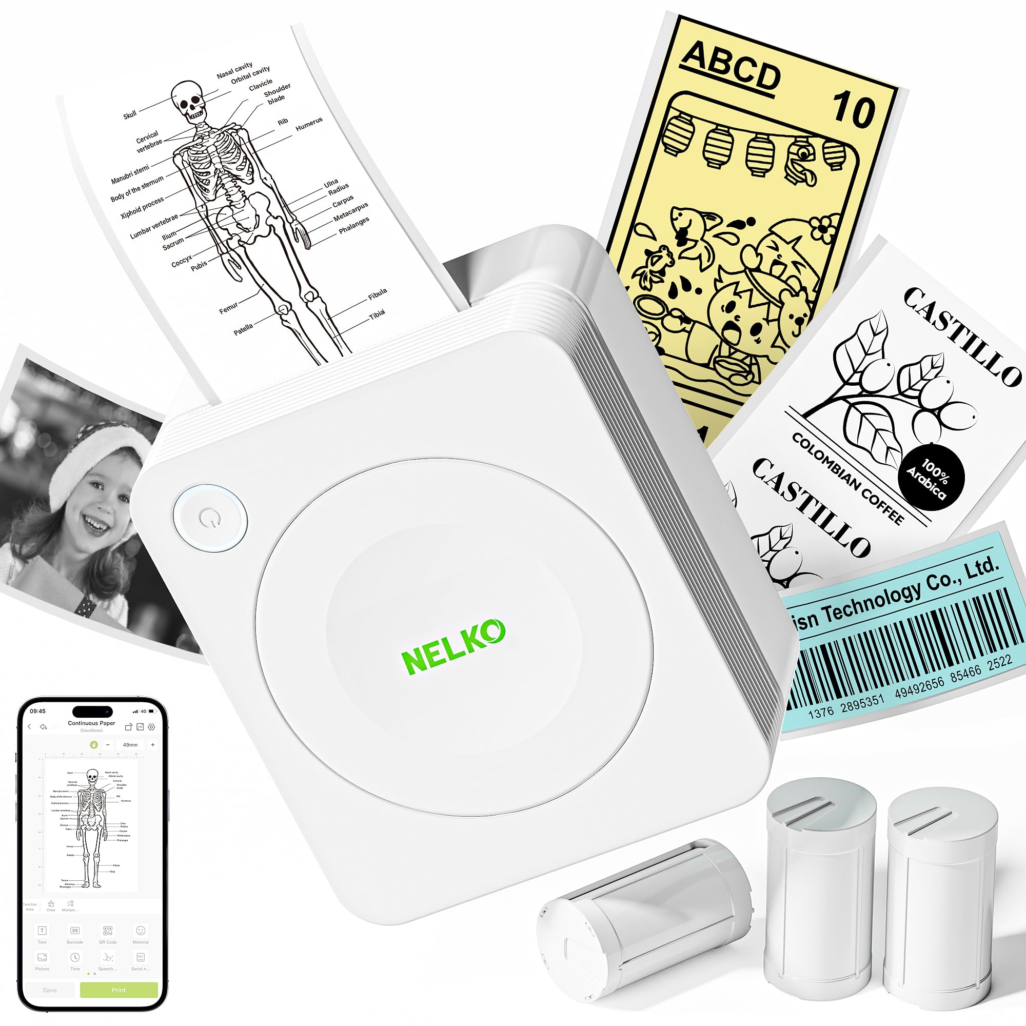 Photo 1 of Nelko Sticker Printer, PM230 Print Pod Mini Printer Bluetooth Portabel Sticker Maker with 3 Rolls Paper, Print Pods Mini Printer with Multiple Templates for Phone & Tablet, White