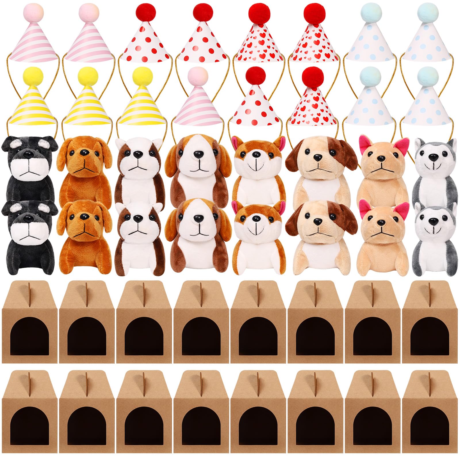 Photo 1 of 16 Pcs Dog Party Favors Boxes with 16 Pcs Mini Plush Dogs and Birthday Hats,Dog Theme Party Treat Boxes Puppy Goodies Gift Boxes Cute Puppy Stuffed Animal Candy Boxes for Dog Party Supplies Decoration