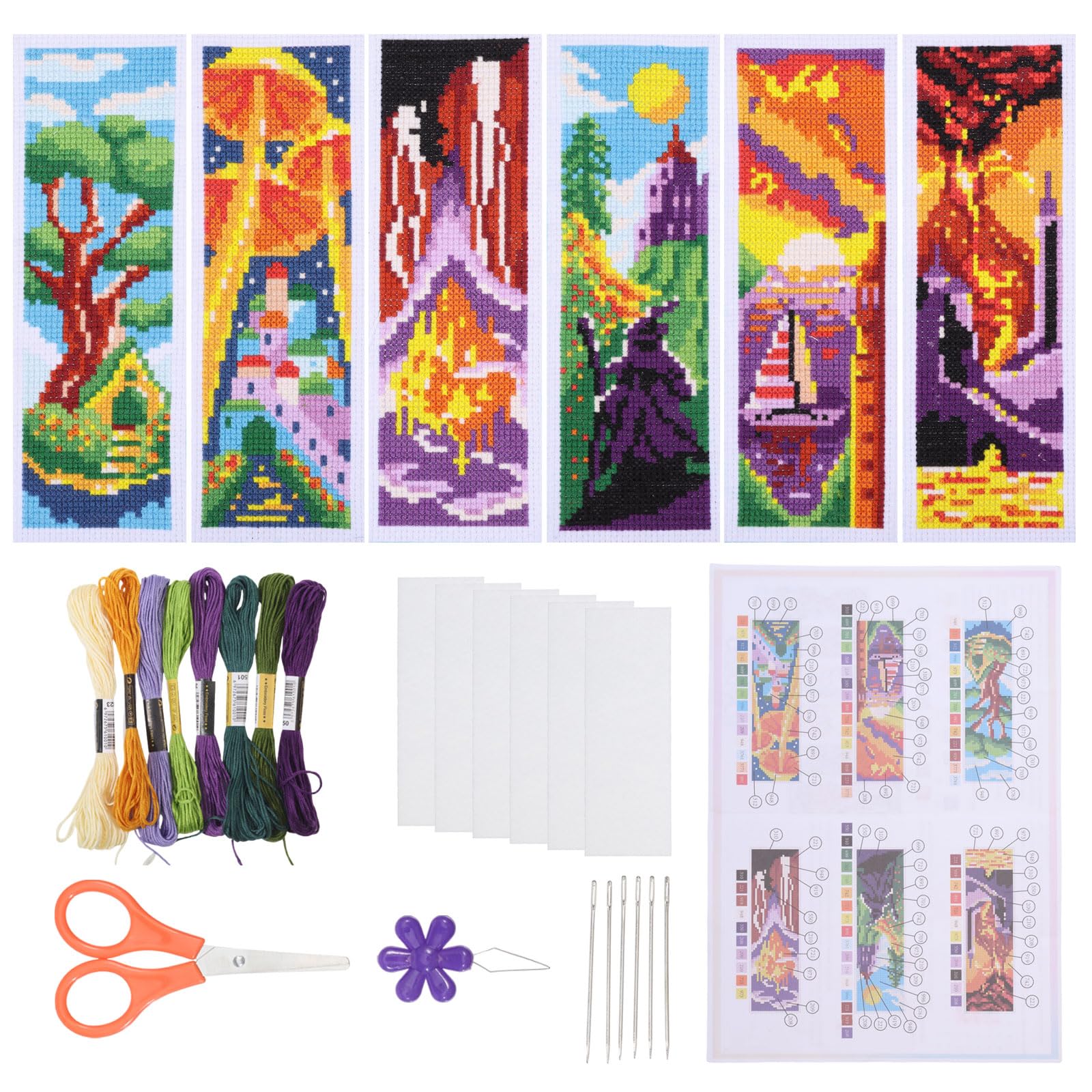 ORIGACH 6 Pcs Cross Stitch Bookmark Kit for Beginner Magic Landscape Castle Stamped Embroidery Stitch Kits for Starter DIY Bookmarks Printed Cross Stitch Kits with 19 Colors Embroidery Floss 20x6cm — image 1