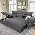 Sleeper Sofa Bed, 87'' Sectional Couch with Reversible Storage Chaise & Nailhead Armrest, Pull Out Couches for Living Room, Side Pocket & Charging Station, Removable Backrest, Velvet Fabric, Dark Grey
