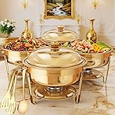 AurumPot Chafing Dishes for Buffet 4 Pack, 6QT Food Warmers for Parties Buffet, Christmas Gatherings [Elegant All-Gold Colors] Stainless Steel Round Chafing Dish Buffet Set,Buffet Servers and Warmers