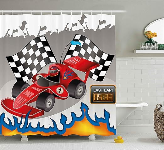 Amazon Com James Strain Kids Decor Shower Curtain Race Car With Finish Line Flags Pilot And Flames With Abstract Gray Background Fabric Bathroom Decor Set With Hooks 70 Inches Multicolor Home Kitchen