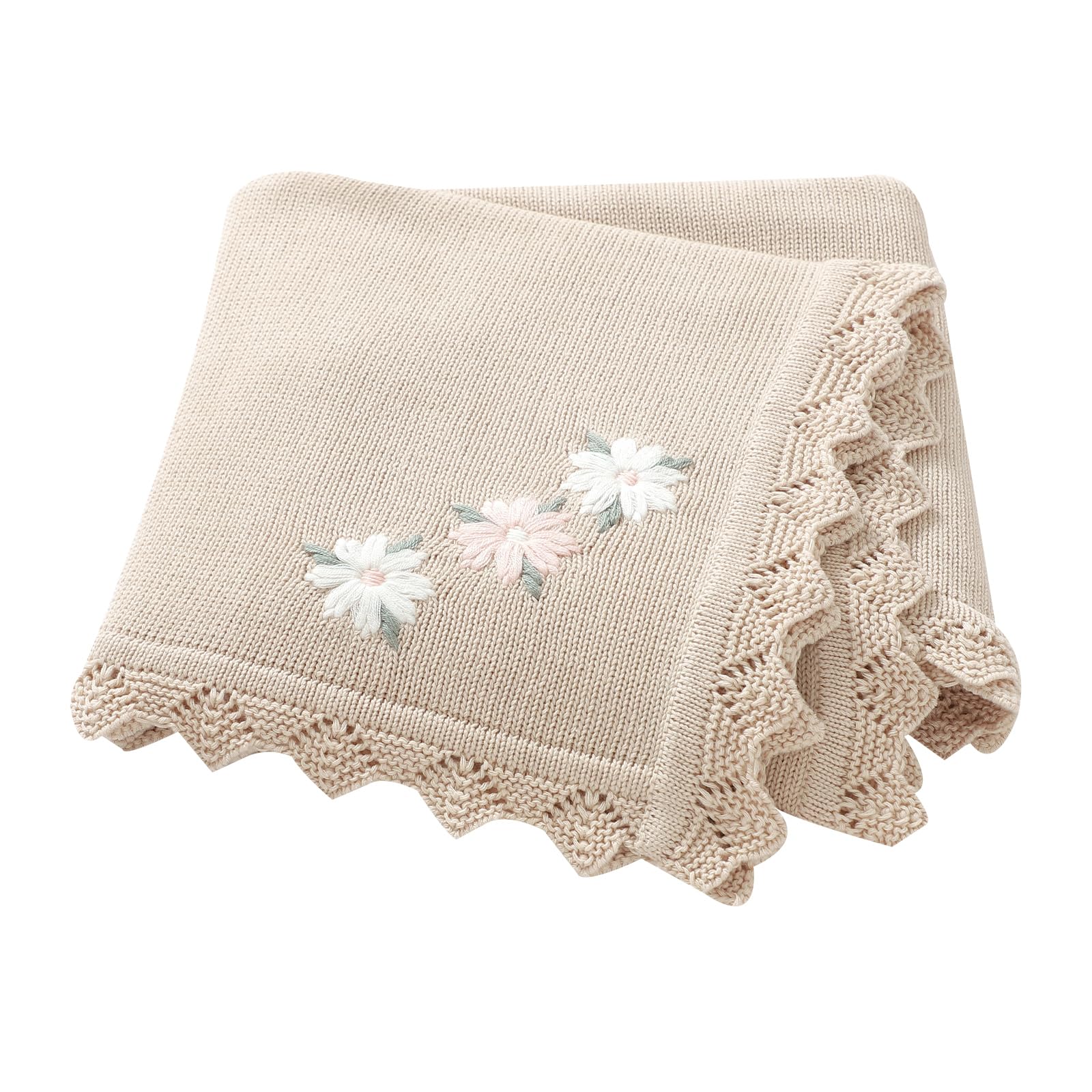 LAWKUL Baby Blanket 100% Traceable Cotton Knit Receiving Blankets Infant Swaddle for Newbron Boy Girl 100X80cm (Beige Floral)