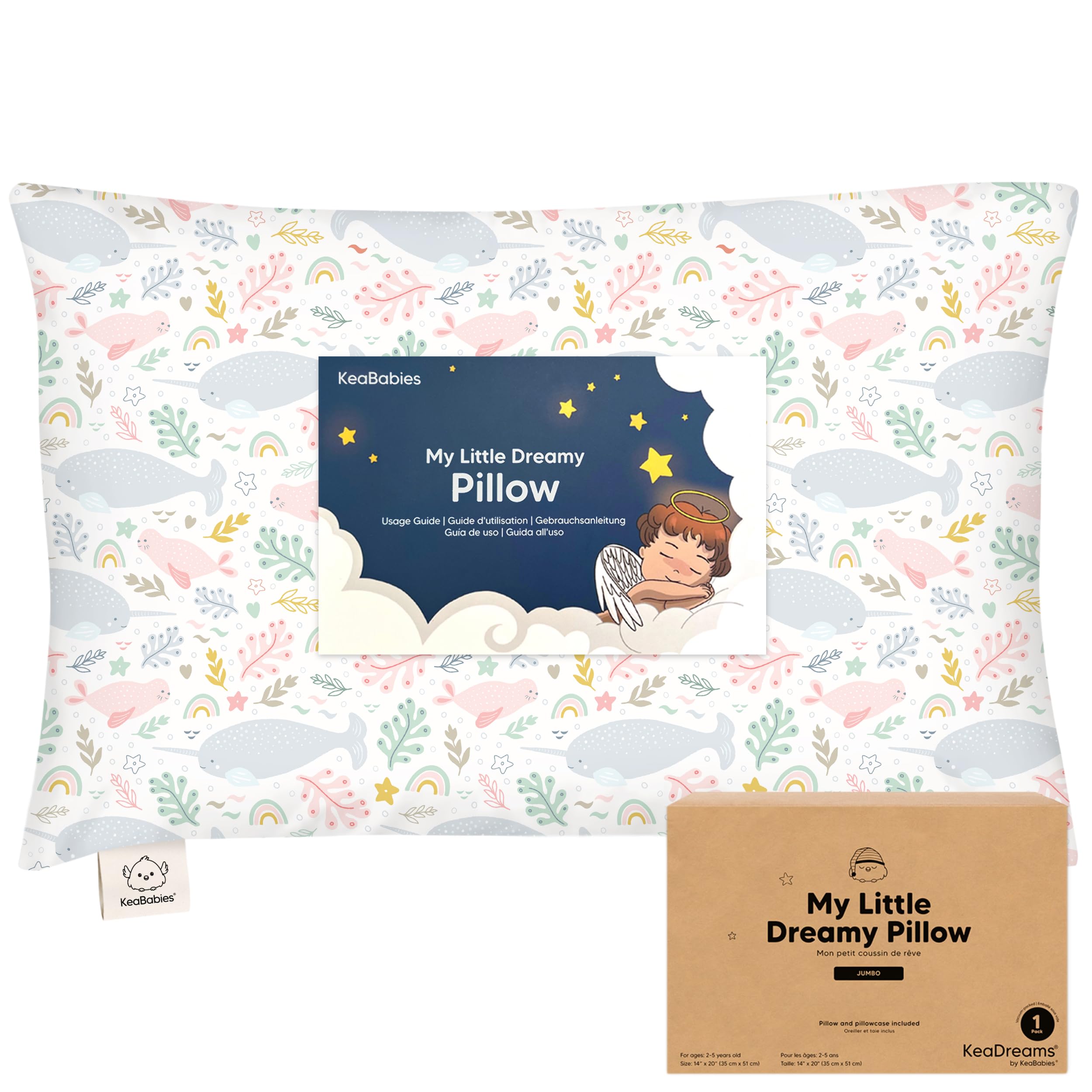 Photo 1 of KeaBabies Toddler Pillow with Pillowcase, Jumbo 14X20 - Soft Organic Cotton Toddler Pillows for Sleeping - Machine Washable - Perfect for Travel, Toddler Bed Set (Narwhal)