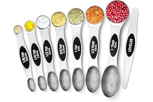 Urbanstrive Magnetic Measuring Spoons Set Stainless Steel, Dual Sided for Liquid Dry Food, Measuring Cups Spoons Set Fits in Spice Jar, Kitchen Gadgets, Cooking Utensils Set, Including Leveler, Silver