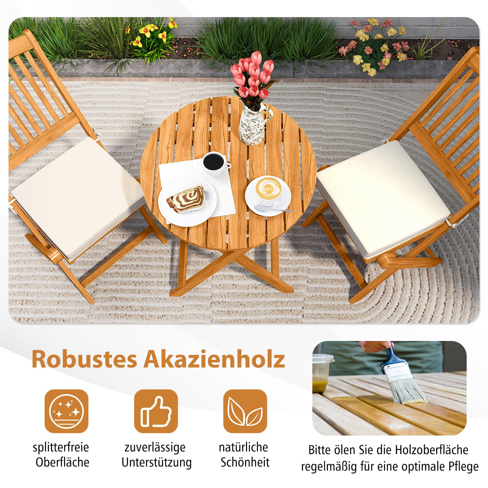 COSTWAY 3tlg. Balkonmöbel Set, Bistrotisch mit 2 Stühlen, klappbares Balkonset aus Akazienholz mit 2 Kissen, Bistroset, Gartengarnitur, Gartenmöbel, Sitzgarnitur, Sitzgruppe für Garten, Balkon (Beige) 3