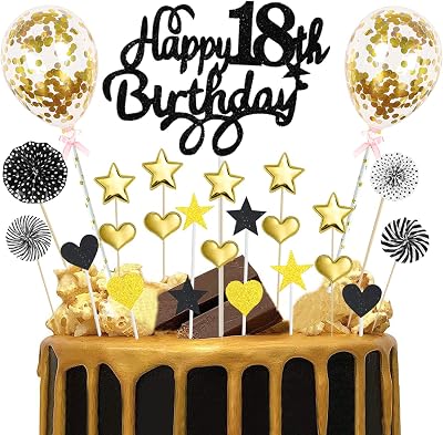 Domgoge 18th Birthday Cake Topper Black Gold Glitter 25pc Star Heart Balloon