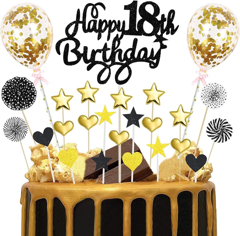 Domgoge 18th Birthday Cake Topper Black Gold Glitter 25pc Star Heart Balloon