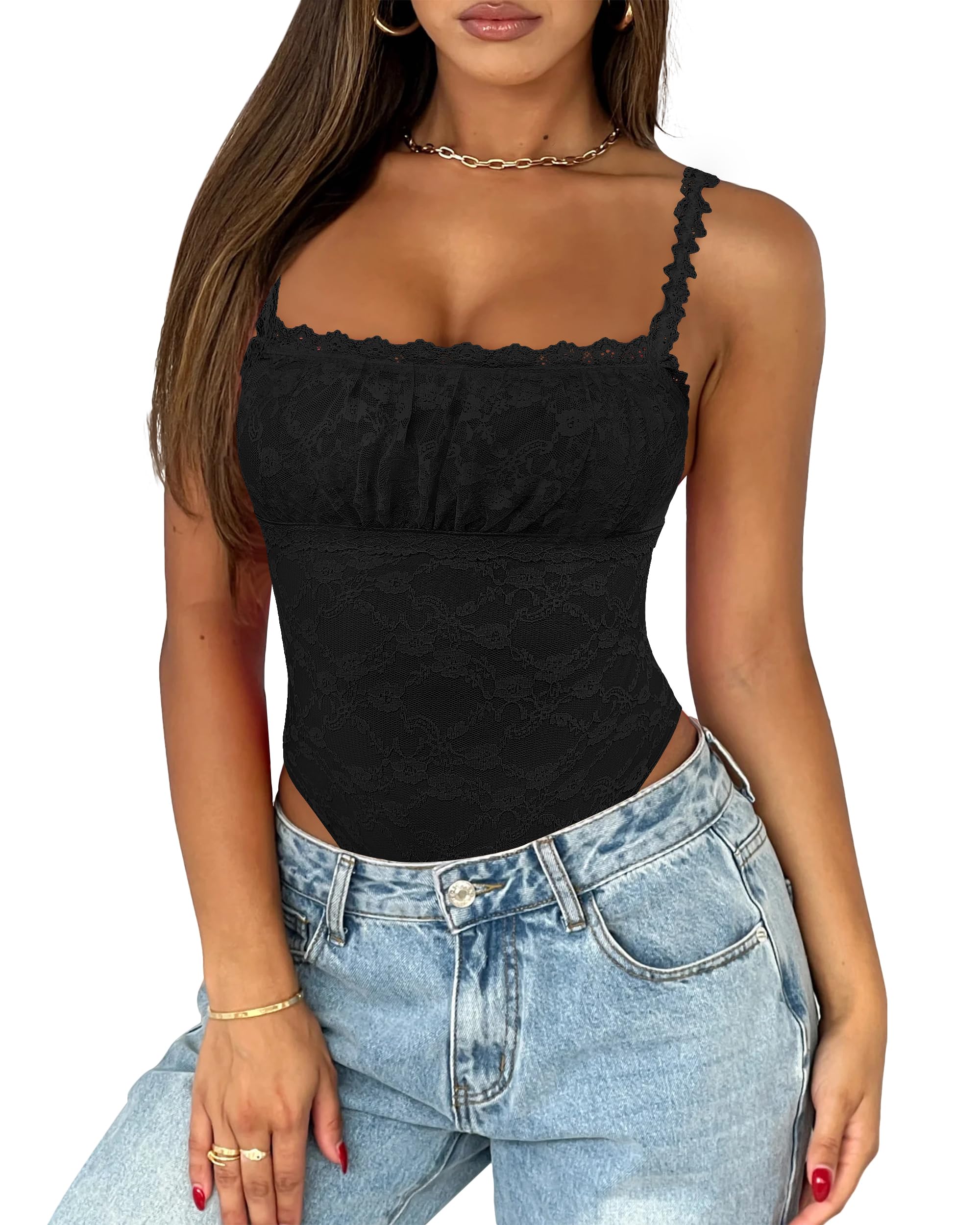 Photo 1 of Saslax Women's Sexy Square Neck Lace Sleeveless Bodysuit Tank Tops Double Lined Thong Body Suit Going Out Outfits Black S