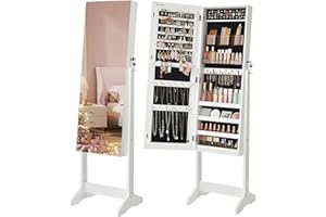 SONGMICS Jewelry Cabinet Armoire, Freestanding Lockable Storage Organizer Unit with 2 Plastic Cosmetic Storage, Full-Length Frameless Mirror, for Necklace Earring, Christmas Gifts, White UJJC002W01