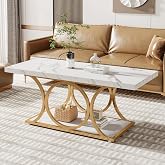 Tribesigns 46.45&rdquo; Rectangle Coffee Table, Modern Coffee Tables for Living Room, 2-Tier Faux Marble Wood Coffee Table with Geometric Legs, Furniture with Storage Shelf (White &amp; Gold)