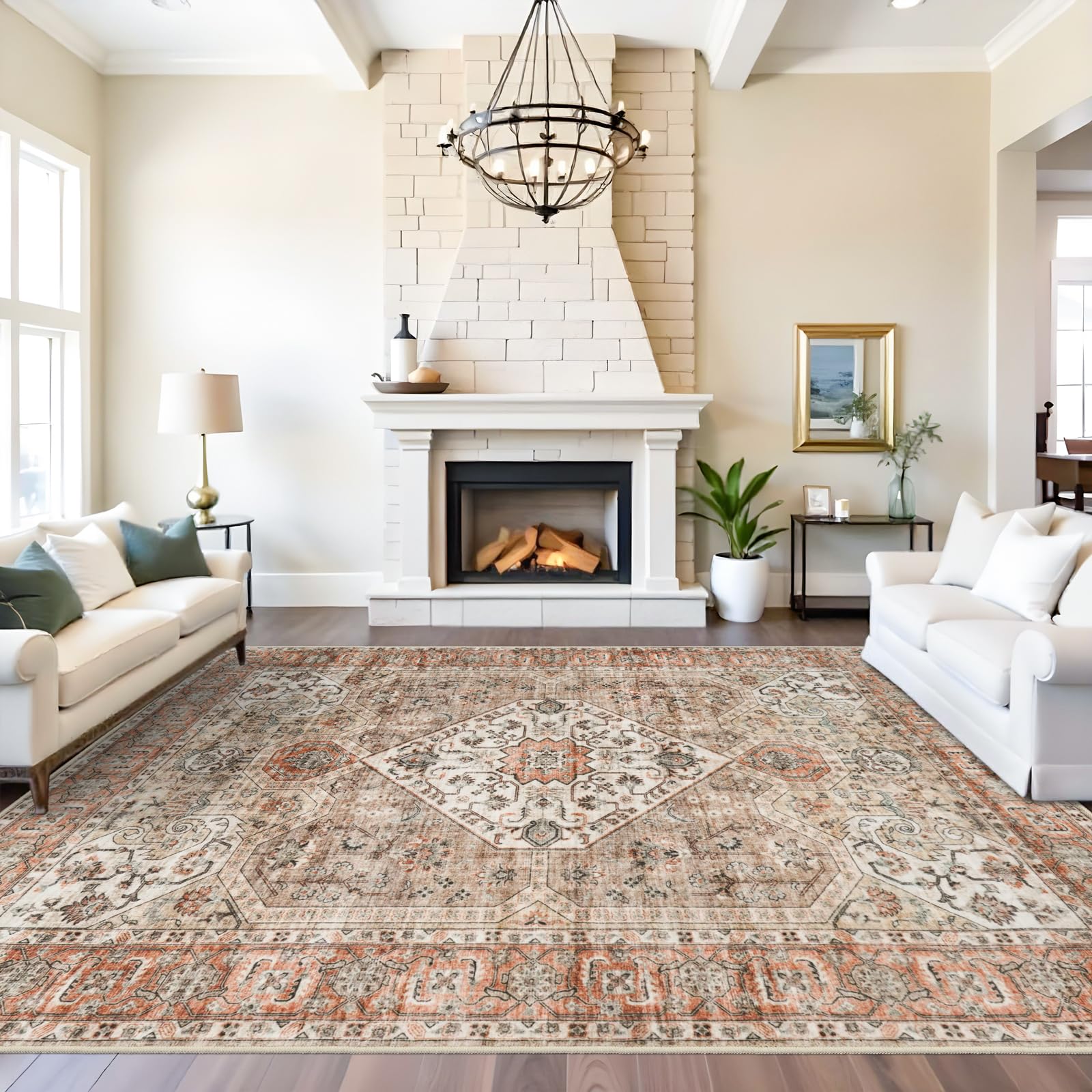 Photo 1 of ***SIMILAR ITEM***Washable 9x12 Large Area Rug: Vintage Non-Slip Backing Rugs for Living Room Stain Resistant Bedroom Carpet Soft Medallion Farmhouse Floor Mat for Dining Room Home Office 9x12 Brown/Orange