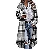 Himosyber Women's Casual Plaid Lapel Woolen Button Up Pocketed Long Shacket Coat