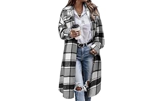Himosyber Women's Casual Plaid Lapel Woolen Button Up Pocketed Long Shacket Coat
