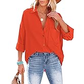 AISEW Womens Button Down Shirts Casual V Neck Long Sleeve Loose Fit Collared Plain Blouses Tops with Pocket
