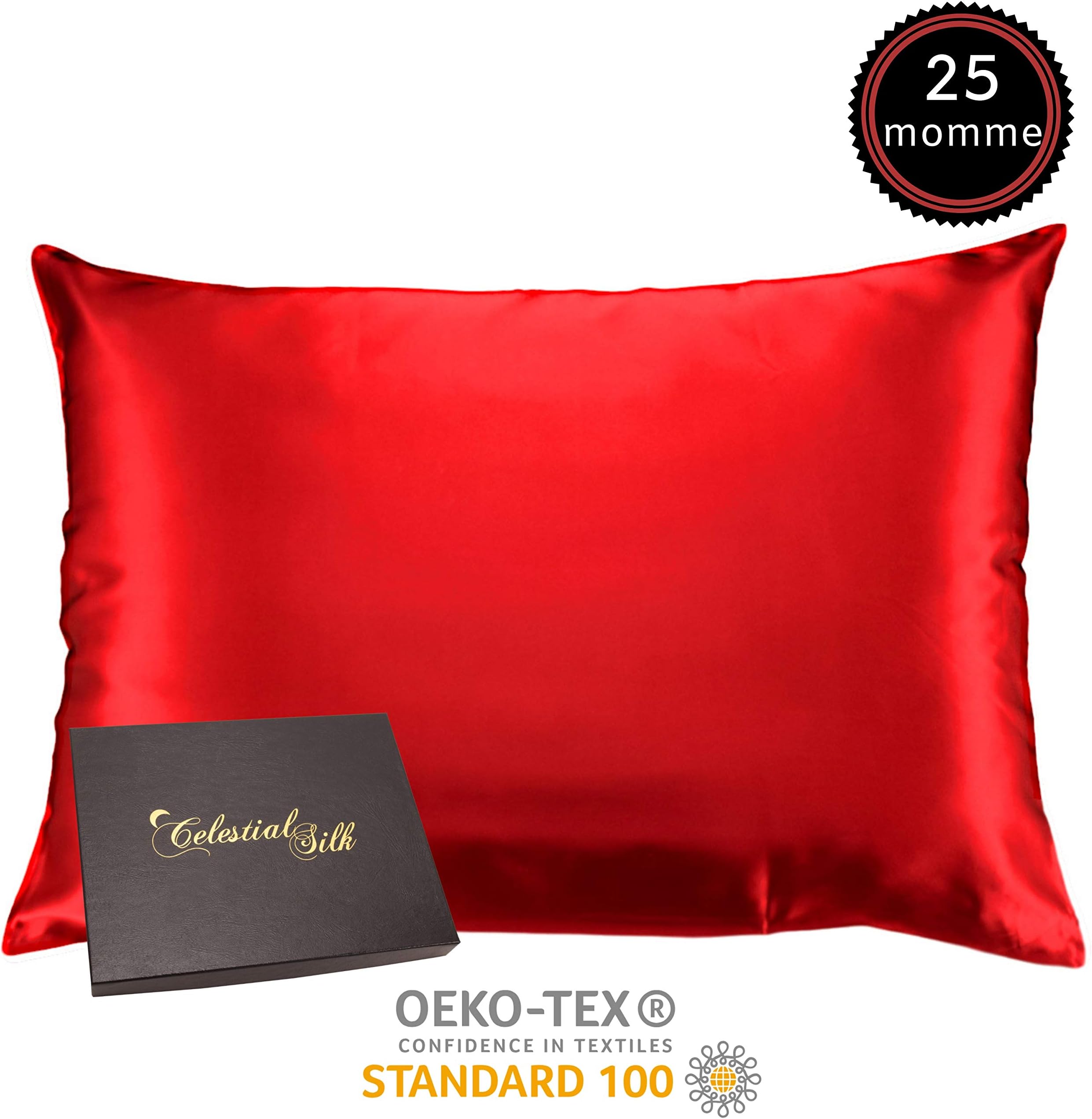 Celestial Silk 100% Silk Pillowcase for Hair Zippered Luxury 25 Momme Mulberry Silk Charmeuse Silk on Both Sides of Cover -Gift Wrapped- (Standard, Bright Red)