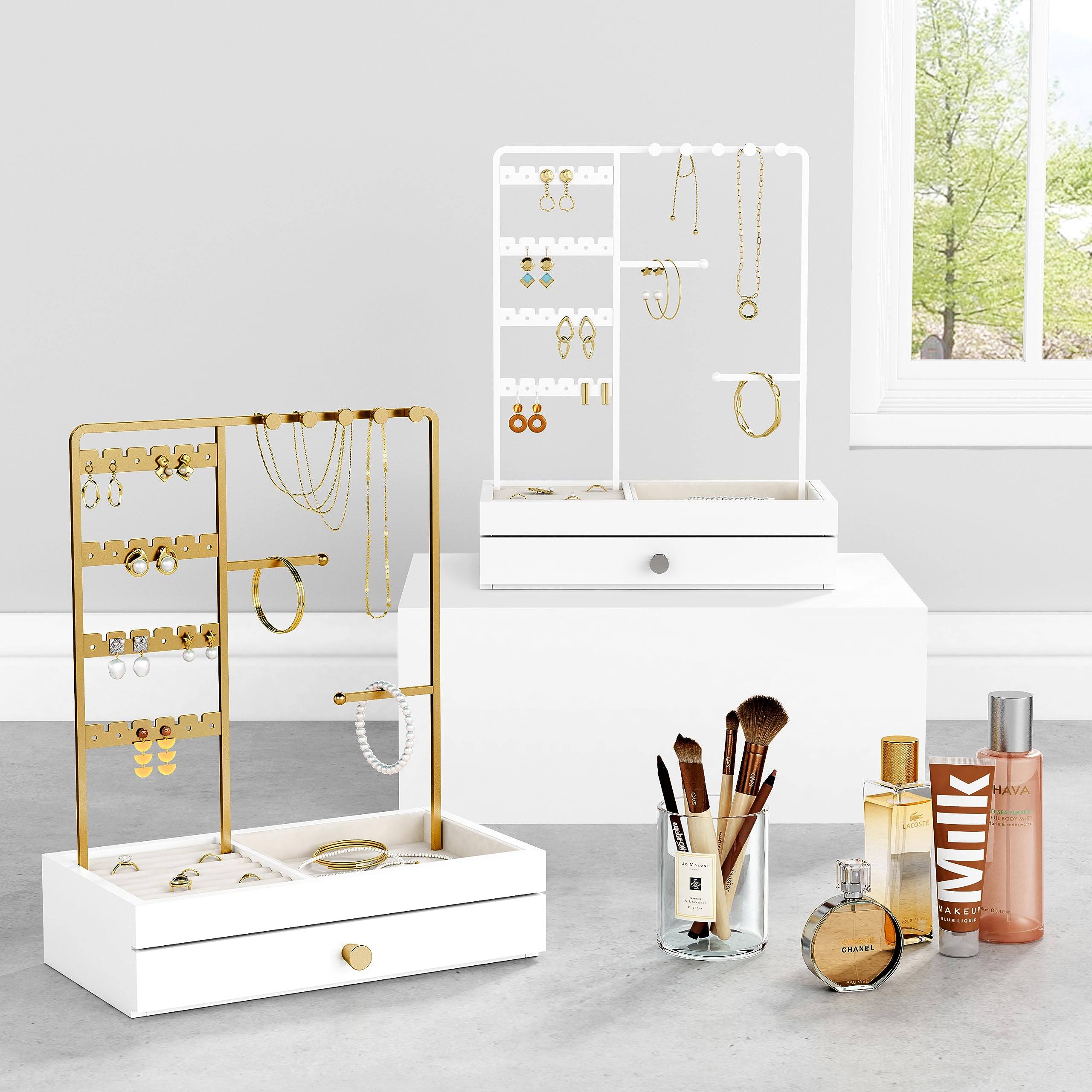 Goozii Gold Jewelry Stand Organizer Necklace Holder, Birthday Gifts for Women Girls, Small Jewelry Stand for Earrings Rings Bracelets, Velvet Jewelry Hanger Tree, Mothers Day Gifts - White and Gold