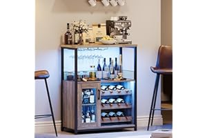 IDEALHOUSE Wine Bar Rack Cabinet with LED Light, Adjustable Shelves Coffee Bar Cabinet with Mesh Door and Baffle Design, 36 in Tall Small Liquor Bar Cabinet for Home, Kitchen, Dinning Room, Grey