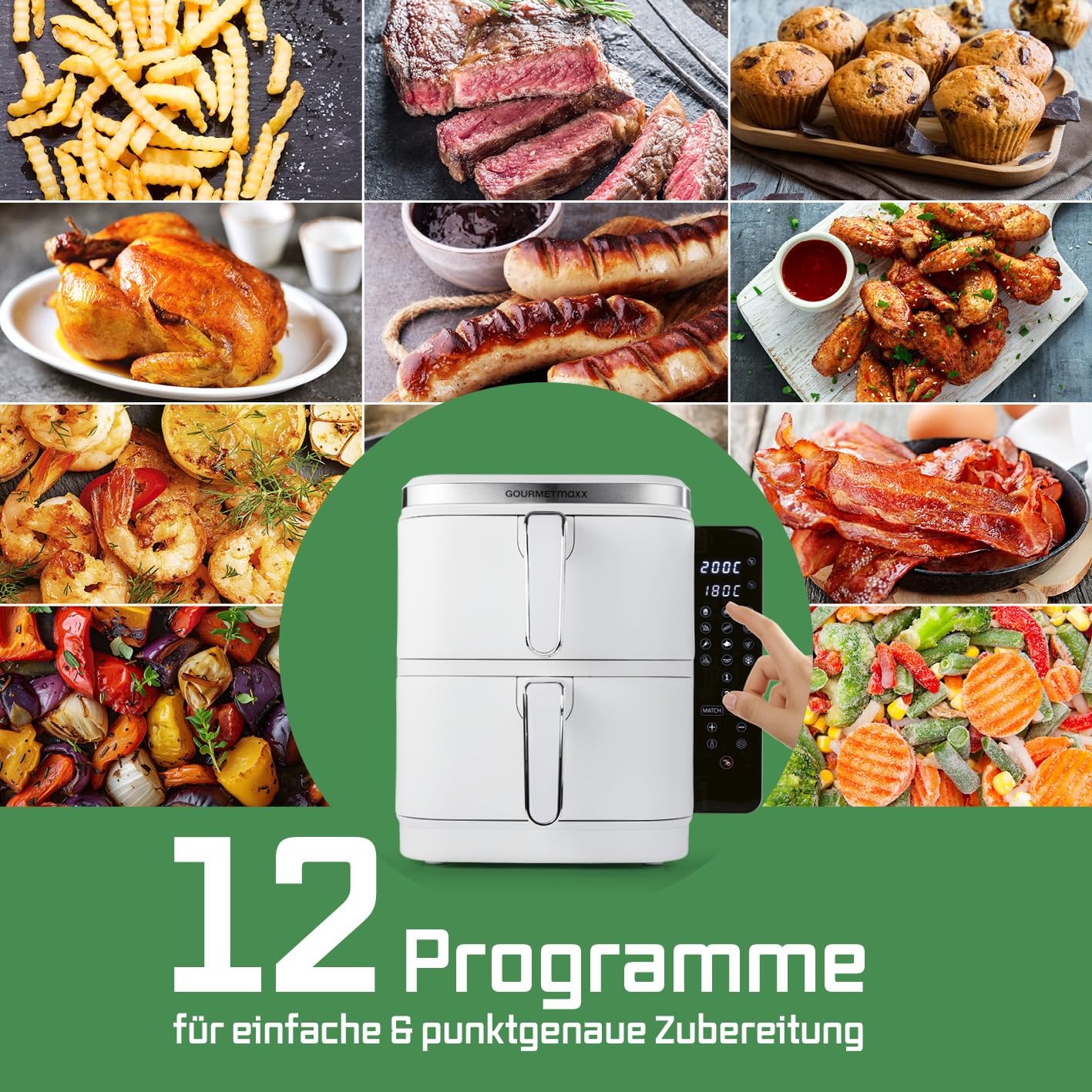 GOURMETmaxx FryUp Vertikale Doppelkammer Heißluftfritteuse | vertikaler Airfryer | klappbares Touchdisplay | 32% platzsparender | Fassungsvermögen 10L | Heißluftfritteuse 2 Kammern 9