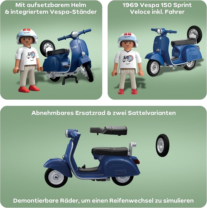 Cars 71622 1969 Vespa 150 Sprint Veloce, Blau, originalgetreues Modell für Sammler und Fans, inklusive vielseitigem Zubehör und abnehmbaren Ersatzrad