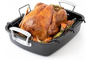 Chef Pomodoro Deluxe Large Carbon Steel Roasting Pan with U-Rack, 18.5 x 14.5-In (47 x 37 cm), Extra-Large, Grey – The Ultimate Solution for Flawless Roasts, BBQs, and Oven-to-Table Entertaining