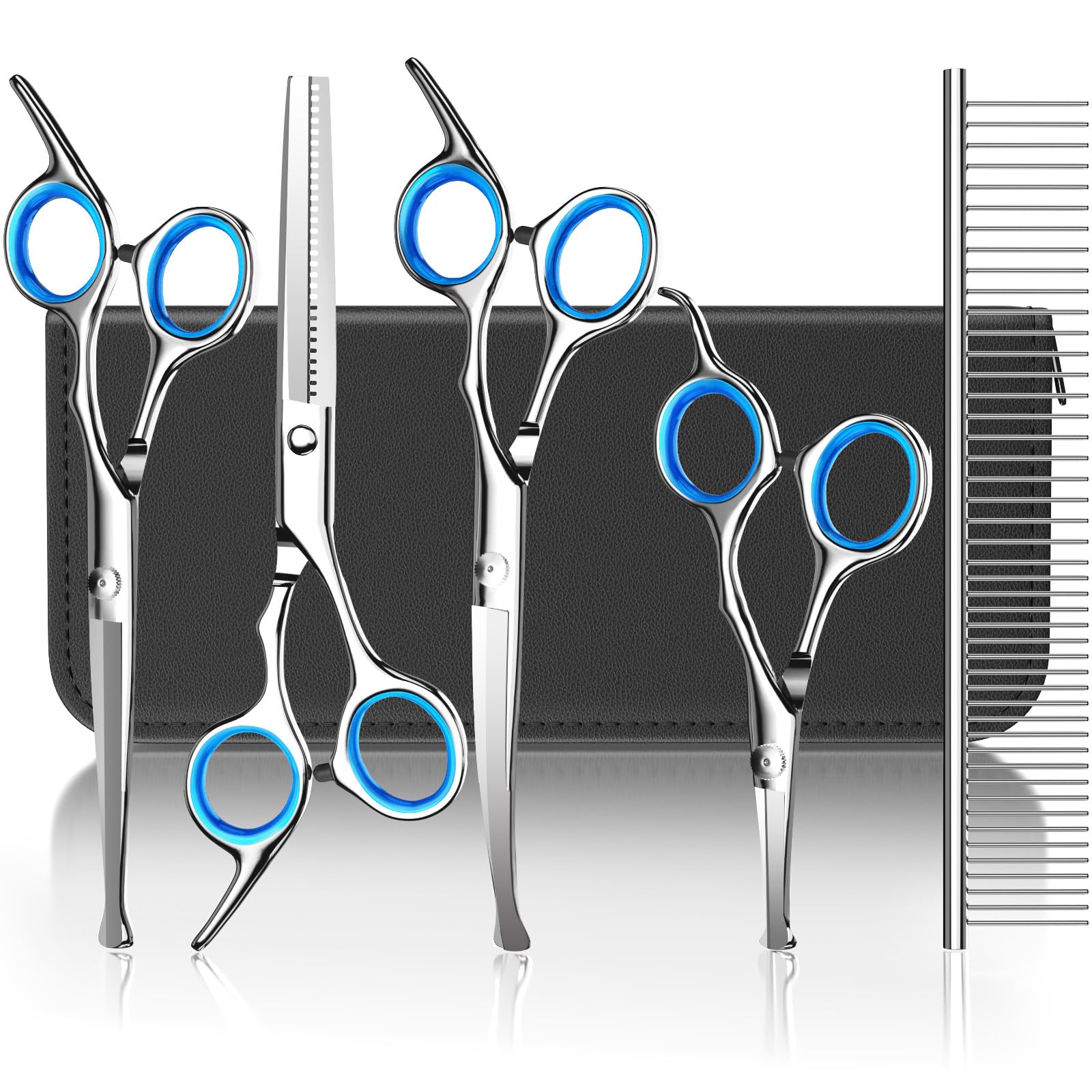 Pawaboo Dog Grooming Scissors 5 Pack, Stainless Steel Titanium Coated Dog Scissors Set, Straight/Curved Shears & Comb with Case for Small/Large Pet Cat - Blue