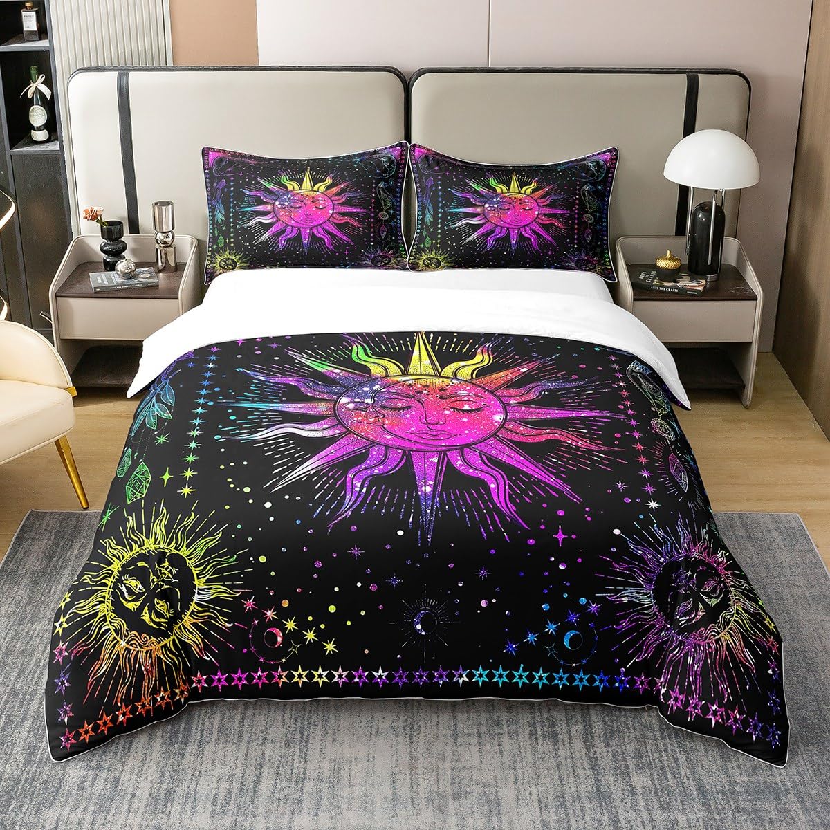 100% Cotton Boho Sun Moon Duvet Cover Double,Rainbow Tie Dye Picnic Bedding Set,Colorful Psychedelic Galaxy Comforter Cover,Starry Night Trippy Celestial Constellation Bed Sets with 1 Pillow Case