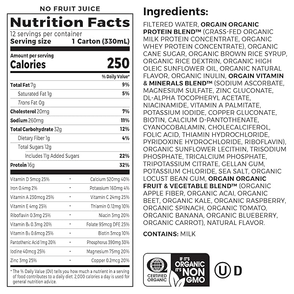 ORGAIN ORGANIC NUTRITIONAL SHAKE, VANILLA BEAN – MEAL REPLACEMENT, 16G PROTEIN, 20 VITAMINS & MINERALS, GLUTEN FREE, SOY FREE, KOSHER, NON-GMO, 11 OUNCE, 12 COUNT (PACKAGING MAY VARY)