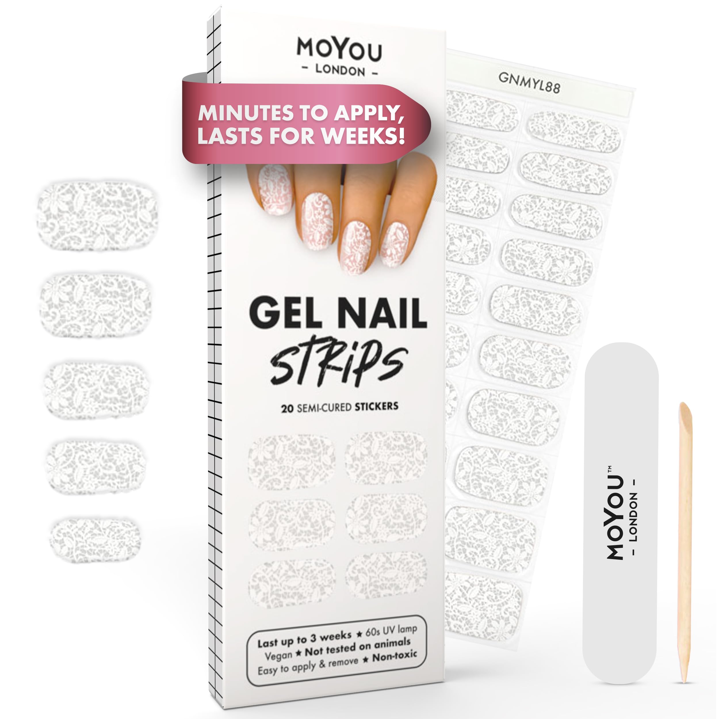 MOYOU LONDON Semi Cured Gel Nail Strips - 20 Pcs. Waterproof Gel Nail Wraps, Cures in Sunlight or UV/LED Lamp, Lasts Up to 2+ Weeks, Stretchable, Easy to Apply & Remove, Vegan & Cruelty-Free