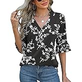 Rapbin Womens 3/4 Length Sleeve Blouses Ruffle Cuffs V Neck Button Down Shirts Dressy Flowy Tunic Tops