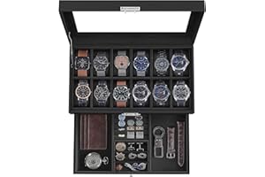 SONGMICS Watch Box, 12-Slot Watch Case Organizer with Large Glass Lid, Black Synthetic Leather, Black Lining UJWB012B03
