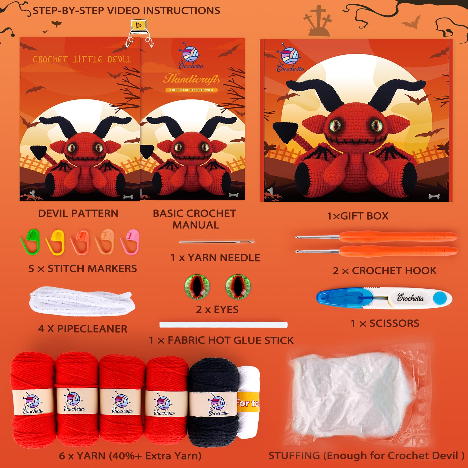 Crochetta Crochet Kit for Beginners, Crochet Starter Kit with Step-by-Step Video Tutorials, Amigurumi Crochet DIY Knitting Supplies for Adults Kids, Red Devil (40%+ Yarn)