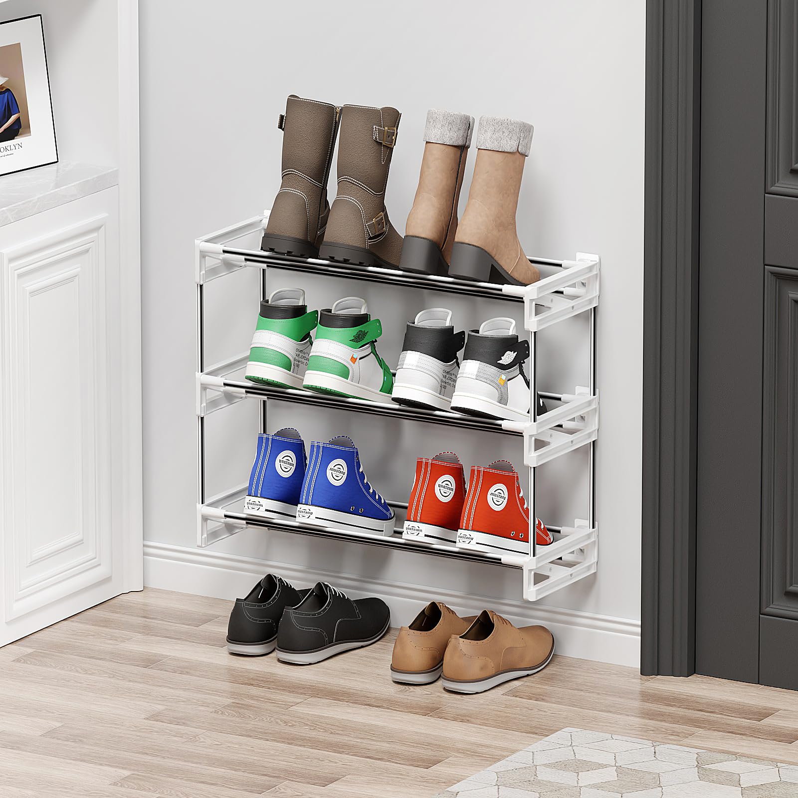 Photo 1 of DEYILIAN 3 Tier for Wall Mounted Shoe Rack with Hook and Loop Sticky Adhesive Strips Shoe Shelf, Slim Shoe Rack Space Saving Design Wall Shoe Organizer for RV
