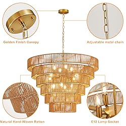YOMECOO 31.49" Large Rattan Chandelier Vintage