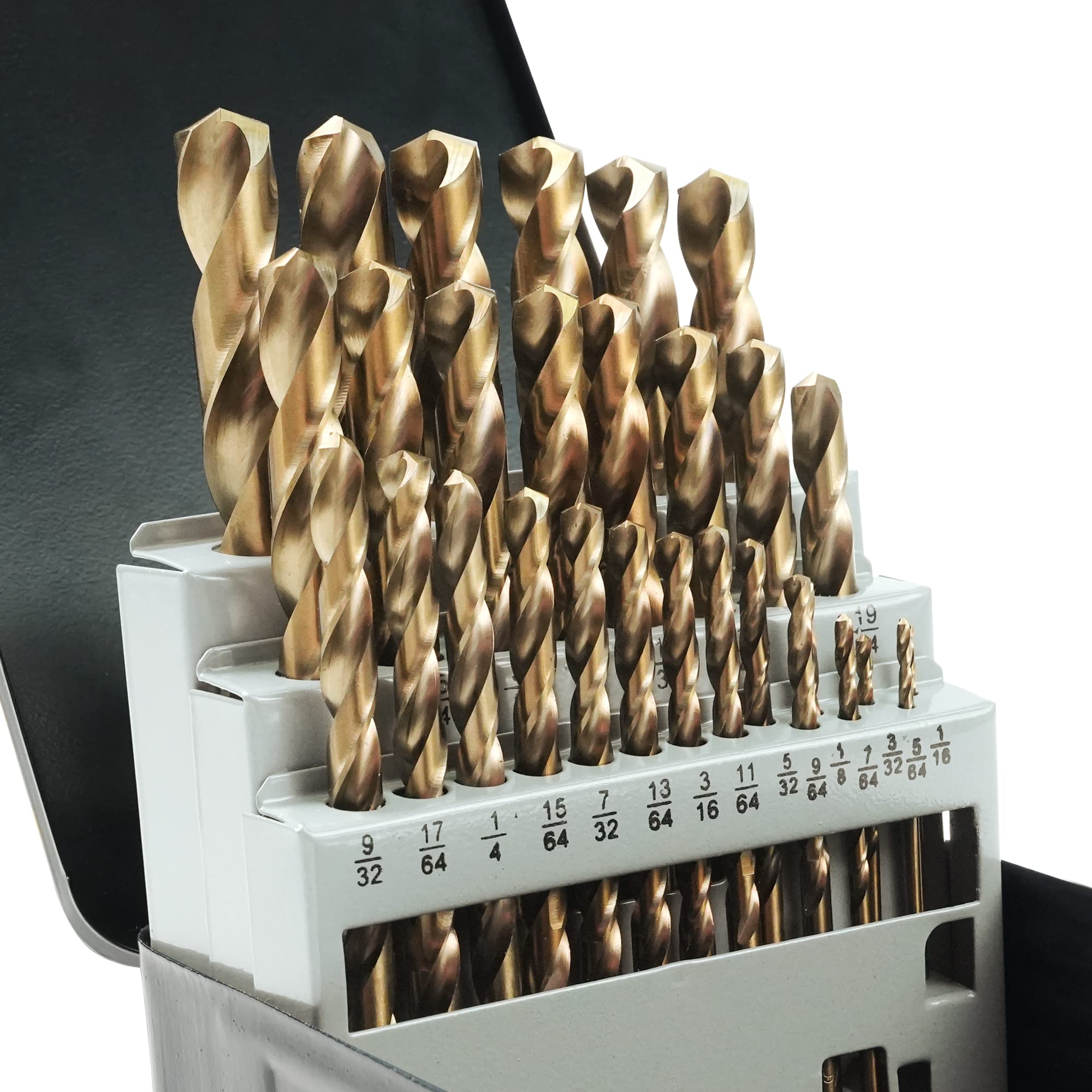 Photo 1 of GMTOOLS 29Pcs Cobalt Drill Bits Set, M35 High Speed Steel, 135 Degree Tip, Stainless Steel, Plastic and Wood with Metal Indexed Storage Case 1/16"-1/2"