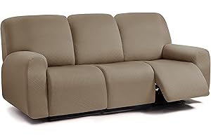 ULTICOR Squared Jacquard Design 8-Pieces Recliner Sofa Covers Stretch Reclining Couch Covers for 3 Cushion Reclining Sofa Slipcovers Thick Soft Washable (3 Seater Recliner Cover, Taupe)