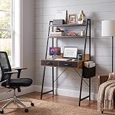 Home Office Desk with Storage and Drawer, Computer Desk with 2-Tier Shelves | Built-in Charging Station, 2 Fabric Drawers and Side Bag, Modern Desks for Bedroom Small Spaces with Adjustable Feet