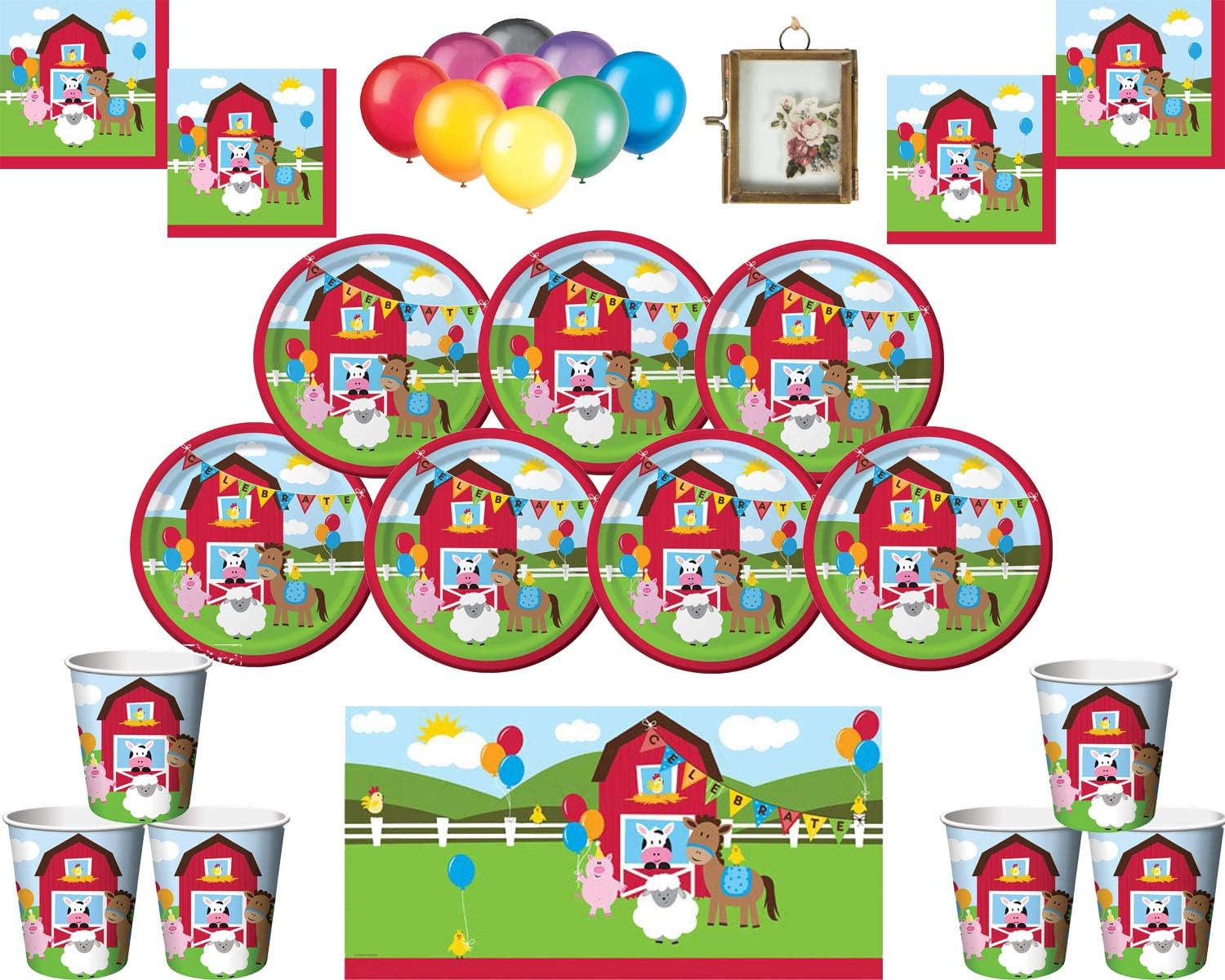 Farmhouse Fun Kids Birthday Party Supplies Plates Cups Napkins and Two Tablecovers Free Balloons & Photo Frame-16 Guests